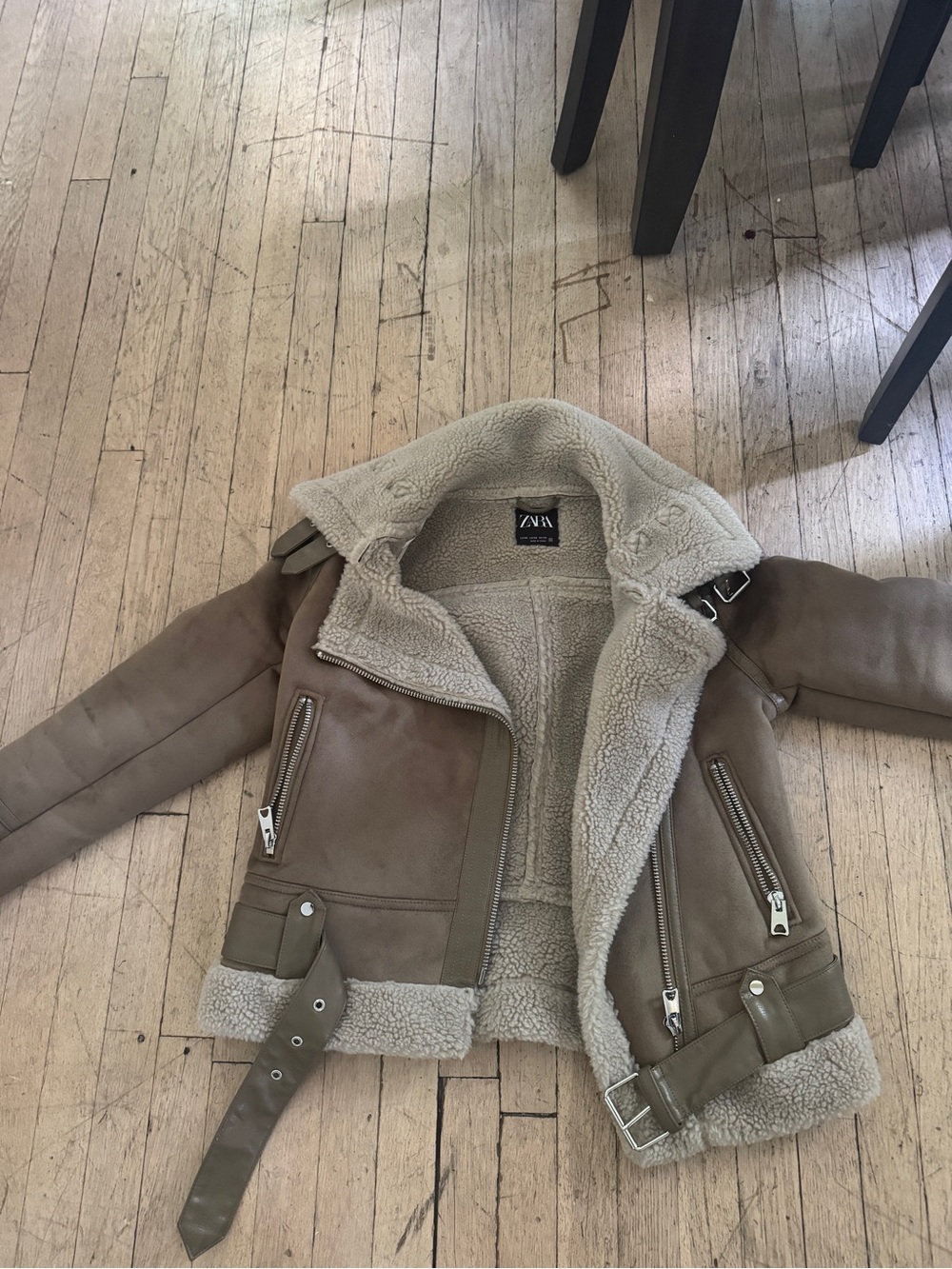 Zara Taupe Suede-Look Shearling Moto Jacket